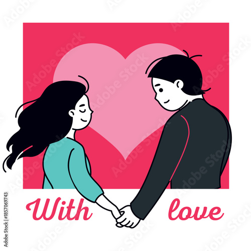 Valentines day card. Romantic looking couple young man and woman. Best for greeting cards, backgrounds, web banners, social media banners, marketing. Vector illustration.
