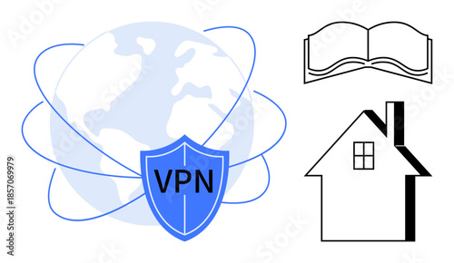 Digital security, online privacy, global connectivity, remote work, education, internet safety. Shield labeled VPN over a globe, open book house icon. Digital security and online privacy theme