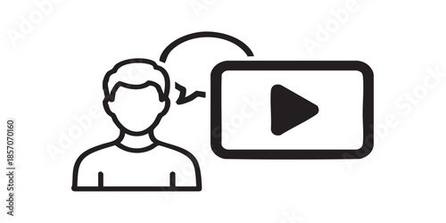 Blogger person and a video with play button solid icon, osint analytics concept. Vector graphics. Man with video player sign on white background, style icon mobile or web design. 