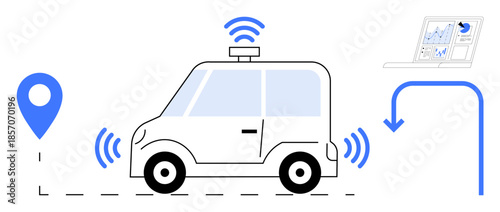 Autonomous vehicles, AI transportation, navigation systems, data analysis, smart mobility, connectivity network. Self-driving car with GPS, wireless signals and analytics. Autonomous vehicles and AI