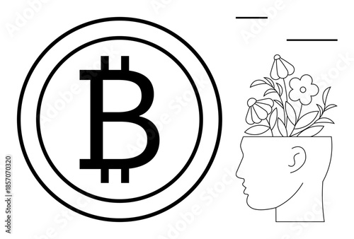 Side profile of human head with flowers growing from it next to Bitcoin logo. Ideal for themes of creativity, cryptocurrency, innovation, sustainability, personal growth, finance, and mental health