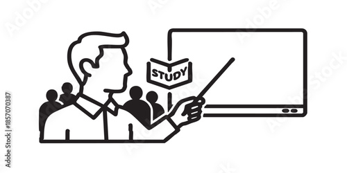 Lecturer with pointer and video solid icon, osint analytics concept. Vector graphics. Teacher man with audience, study sign on white background, style icon mobile or web design