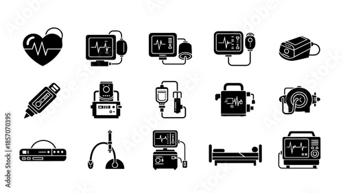 Collection of medical equipment and healthcare technology icons, symbolizing health and wellness