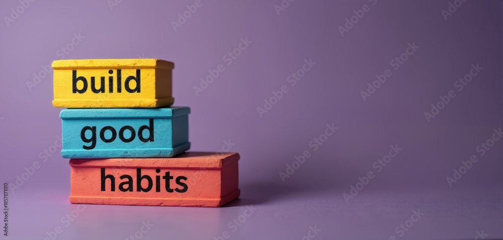 Colorful wooden blocks stacked show phrase build good habits for self-improvement and personal growth. Concept for positive changes and habit formation.