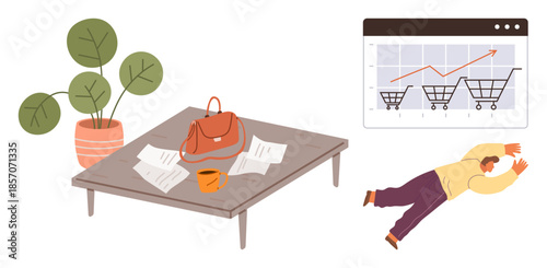Coffee table with a handbag, papers, and a mug, chart showing rising e-commerce trends, person in dynamic motion. Ideal for work-life balance, e-commerce growth, productivity, shopping habits