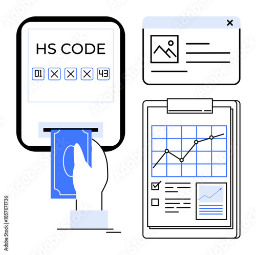 International trade, data analysis, finance operations, e-commerce, business statistics, import and export. Hand inserting cash, HS code entry web mockup bar graph. International trade and finance