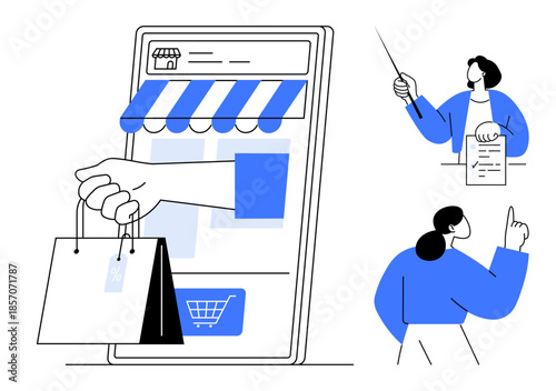 A hand holding shopping bags emerges from a smartphone with a storefront interface. Nearby, two customers review products and provide feedback. Ideal for online shopping, ecommerce, digital