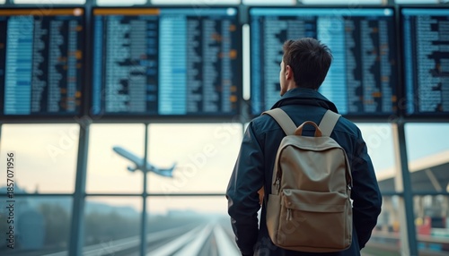 Young man with backpack checks flight info on screen panel at airport. Passenger waits for departure or arrival, reads schedule. Airplane takes off outside.