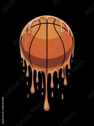 A basketball appears to be melting, with streams of color dripping down in a surreal style.