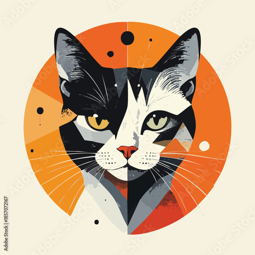 Stylized Geometric Portrait of a Black and White Cat.