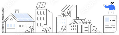 Renewable energy, green living, urban development, sustainability, eco-friendly housing, modern architecture. Solar-powered homes and urban buildings with greenery. Renewable energy and green living