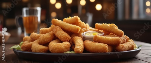 Crunchy fried mozzarella sticks and onion rings served on a dark wooden platter amidst a dimly lit restaurant setting,  cheese sticks,  dark decor,  jalapeno poppers