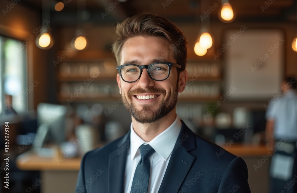 Fototapeta premium Smiling man in dark suit and glasses stands in office. Confident businessman looks at camera. Represents success, corporate life and professionalism. Modern workplace.