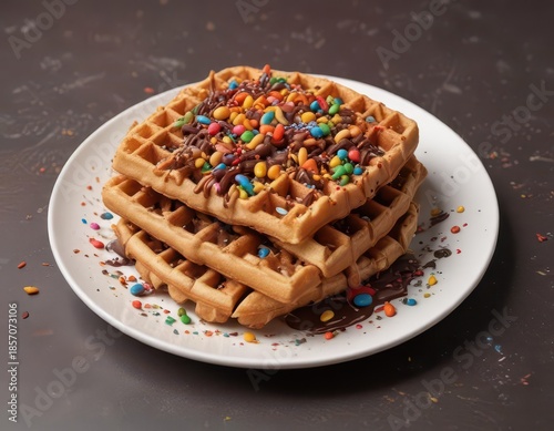 Crunchy waffle stick with melted chocolate and colorful sprinkles on a plate background,  waffles,  breakfast,  sweet treat
