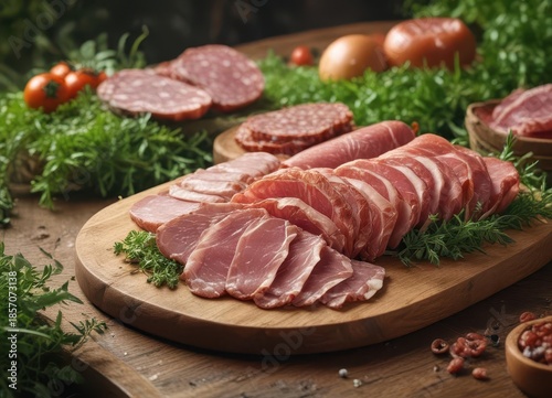 Cured meats arranged artfully on a wooden board amidst lush greenery and decorative elements,  selection,  artisanal,  food