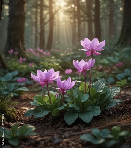 Cyclamen hederifolium blooms in forest twilight,  forest flora,  leafy greens,  forest floor
