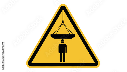 A yellow triangular warning sign with a black border, depicting a person standing under a heavy object suspended by chains, indicating danger from overhead loads.