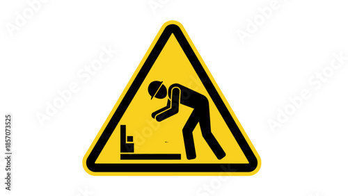 Yellow triangular warning sign with a black silhouette of a worker bending over machinery, indicating a potential industrial hazard or specific work instruction.