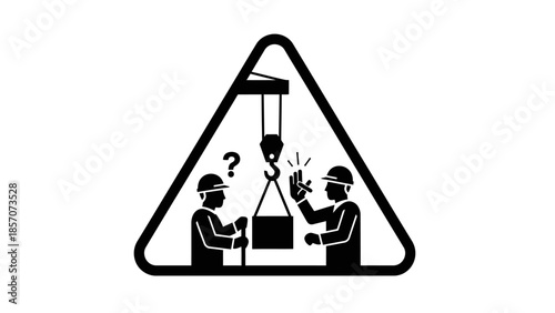 Two workers in hard hats communicating about a crane operation with a suspended load, symbolizing safety and instruction.