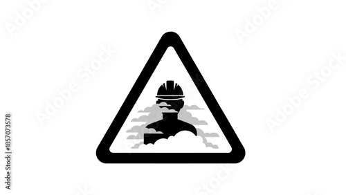 Black and white warning sign depicting a person in a hard hat surrounded by smoke or dust, indicating respiratory hazard.