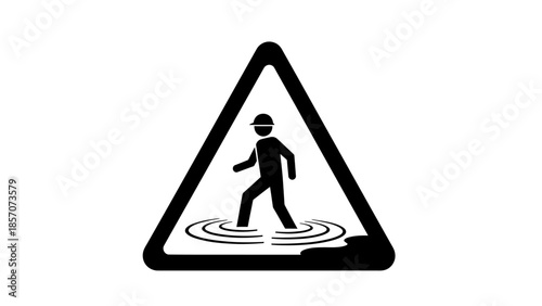 Black and white warning sign depicting a person walking through water, indicating a flood or wet area hazard.