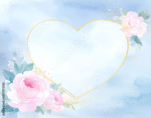Delicate pastel watercolor peony flowers with a golden heart outline, airy artistic texture, and clean space for text. For wedding invitations, love stationery, greeting cards, and floral designs.