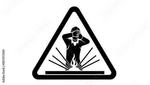 A black and white warning sign depicting a welder with sparks flying, indicating a welding hazard or required eye protection.