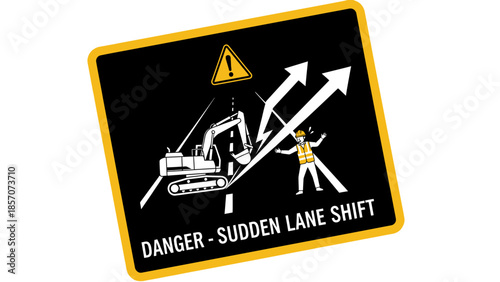 A black and yellow warning sign illustrating danger from a sudden lane shift due to construction work with an excavator and worker.