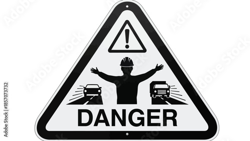 Black and white triangular danger warning sign with a traffic controller, two vehicles, and an exclamation mark, indicating road work or hazard.