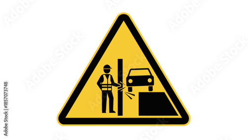 Warning sign depicting a worker in a hard hat and high-visibility vest next to a vehicle with its front wheel elevated, showing sparks, indicating roadside work or a vehicle maintenance hazard.