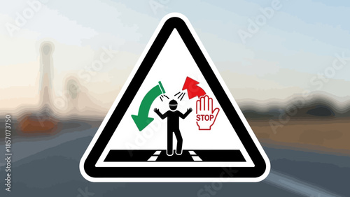Warning sign depicting a person on a crosswalk with conflicting traffic control hand signals and arrows, indicating caution for pedestrians.