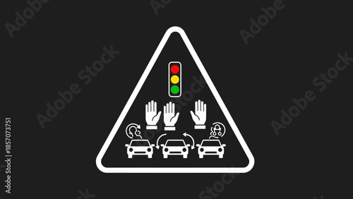 Traffic control warning sign with traffic light, stop hands, and cars indicating dynamic movement or autonomous vehicle interaction.