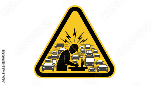 A warning sign depicting a person working under stress amidst heavy traffic congestion.