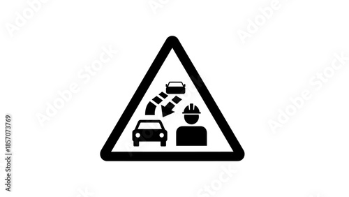 Warning sign indicating road works, traffic diversion, and lane shift with a car and a construction worker.