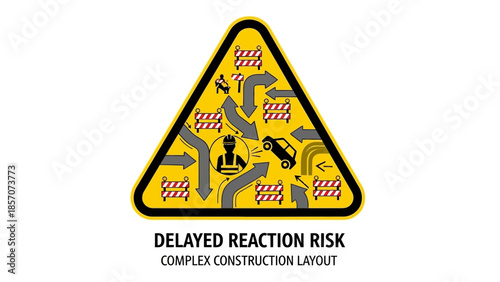 A warning sign illustrating delayed reaction risk due to a complex construction layout with a worker, car, and multiple confusing arrows.