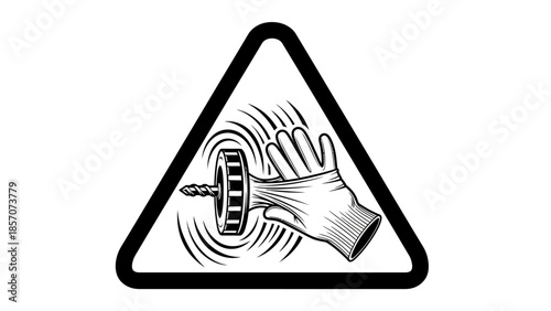 Warning sign depicting a gloved hand being caught and pulled into a rotating machine part, illustrating a severe entanglement hazard.