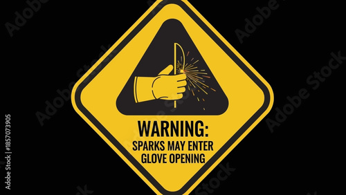 A yellow diamond warning sign with a gloved hand generating sparks and text 'WARNING: SPARKS MAY ENTER GLOVE OPENING' on a black background.