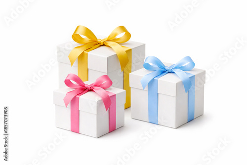 Three elegant white gift boxes with colorful ribbon bows isolated on white background. Minimal festive composition for holidays, celebrations, birthdays, weddings, and special occasions.
