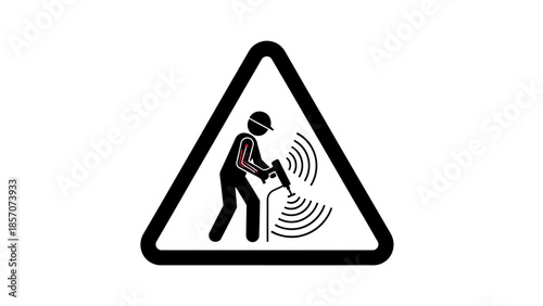 Warning sign depicting a worker operating a jackhammer with vibration hazard indicated by red lines and wavy symbols.