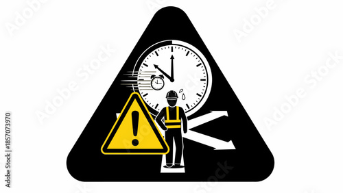 Abstract warning sign depicting a worker facing time pressure, multiple choices, and potential hazards in a demanding industrial environment.