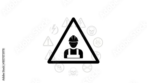 Warning sign with worker icon in a triangle, surrounded by various hazard symbols, representing workplace safety and industrial risks.