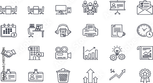 Corporate Office Essentials Icon Set – 25 Business Silhouettes for Workplace & Presentation Use