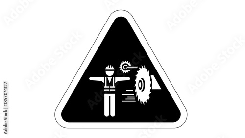 Warning sign depicting a person near rotating saw blades and gears, indicating machinery hazard.