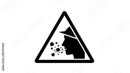 Black and white warning sign showing a person coughing or expelling particles, indicating a health hazard or airborne risk.