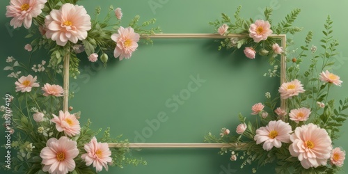 delicate flower frames with soft pastel hues against a calming green background,  botanical,  elegant,  nature