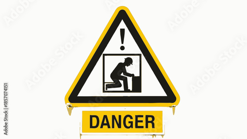 A yellow and black warning sign indicating danger, featuring a silhouette of a person working in a confined space, with an exclamation mark above.