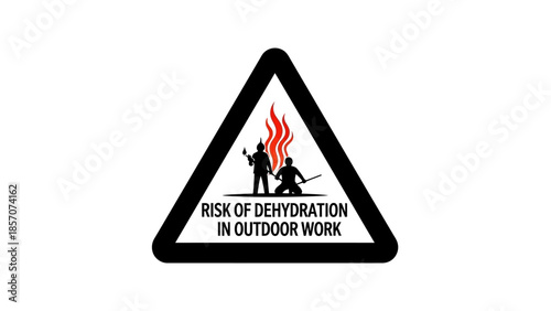 Warning sign for risk of dehydration in outdoor work with two figures and fire.