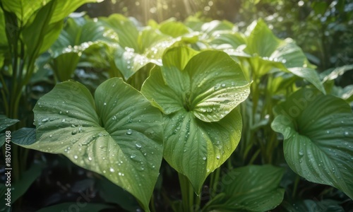 Delicate dew drops glisten on hosta plant leaves in morning sunlight , hosta,  nature,  dew drops