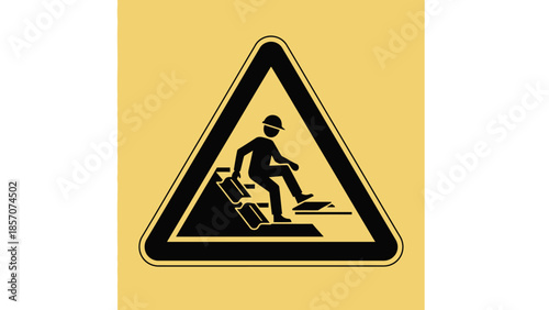 Yellow triangular warning sign with a black border depicting a person in a hard hat tripping and falling down a flight of stairs, indicating a hazard.