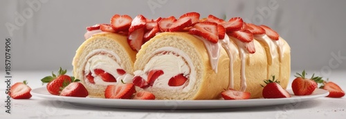 Delicate strawberry cake roll filled with fresh strawberry slices and cream cheese frosting,  baked delight,  strawberry dessert,  sweet treat